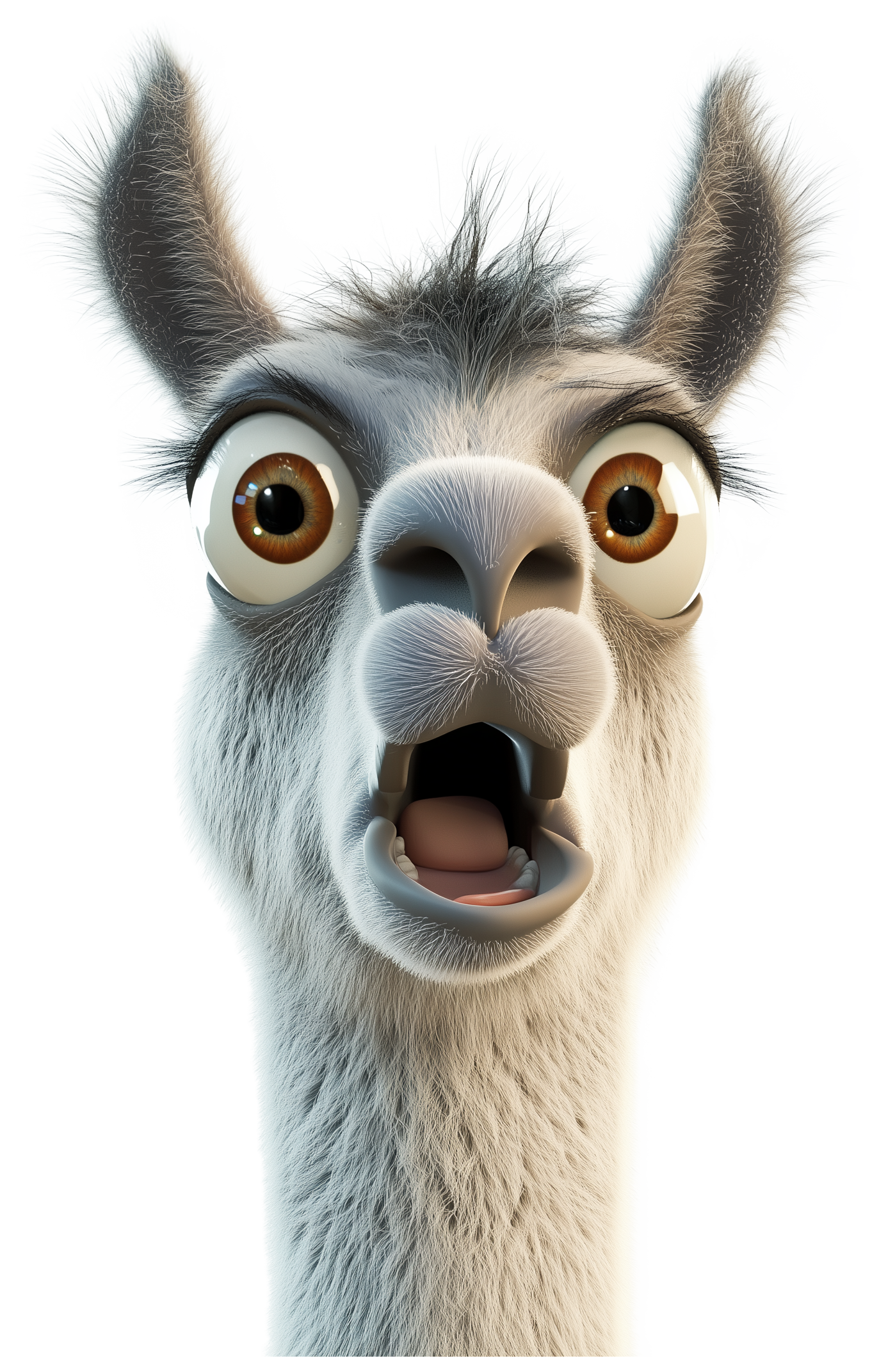 3D-style cute llama with wide eyes and open mouth, facing forward.