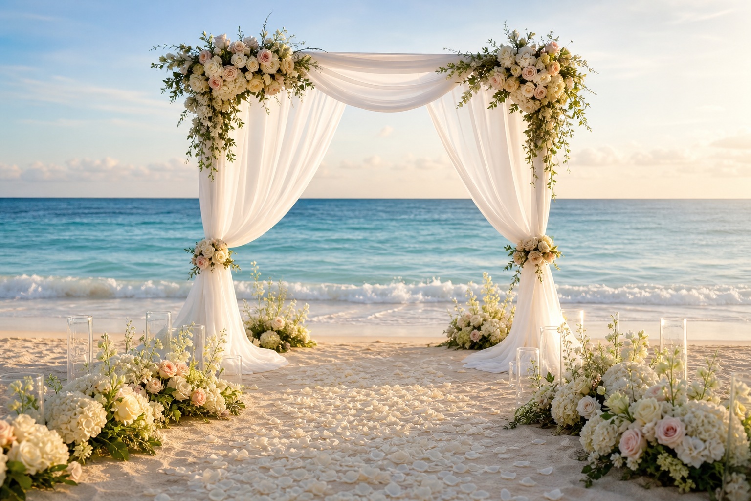 White draped wedding arch with flowers on a sandy beach beside the ocean