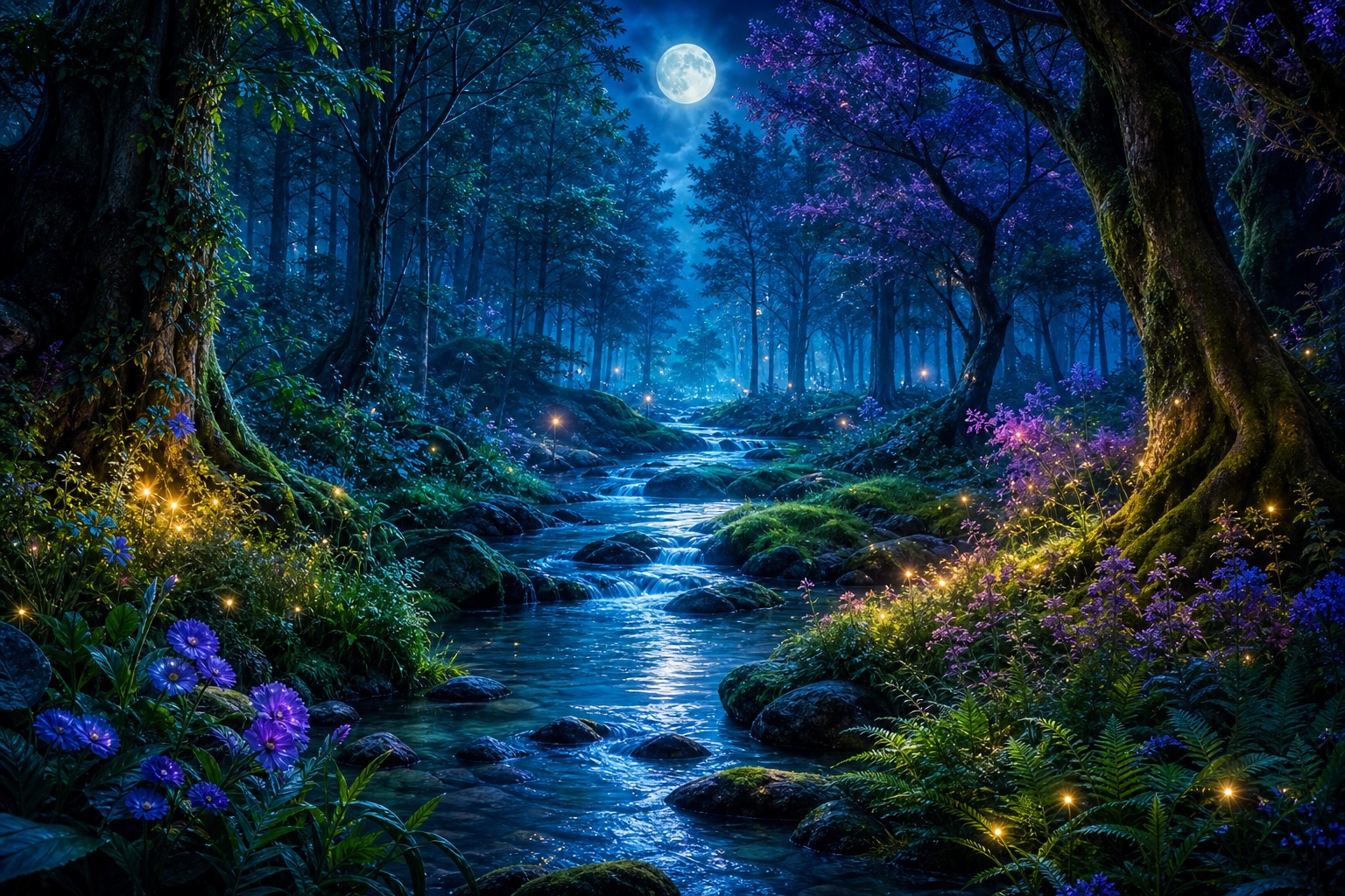 Moonlit enchanted forest with a glowing creek, trees, and purple flowers