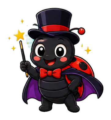 Cartoon ladybug wearing a top hat and cape, holding a magic wand with sparkles.