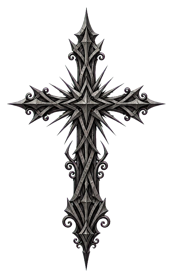 Dark ornamental cross with pointed blackletter-style geometry and symmetrical filigree details