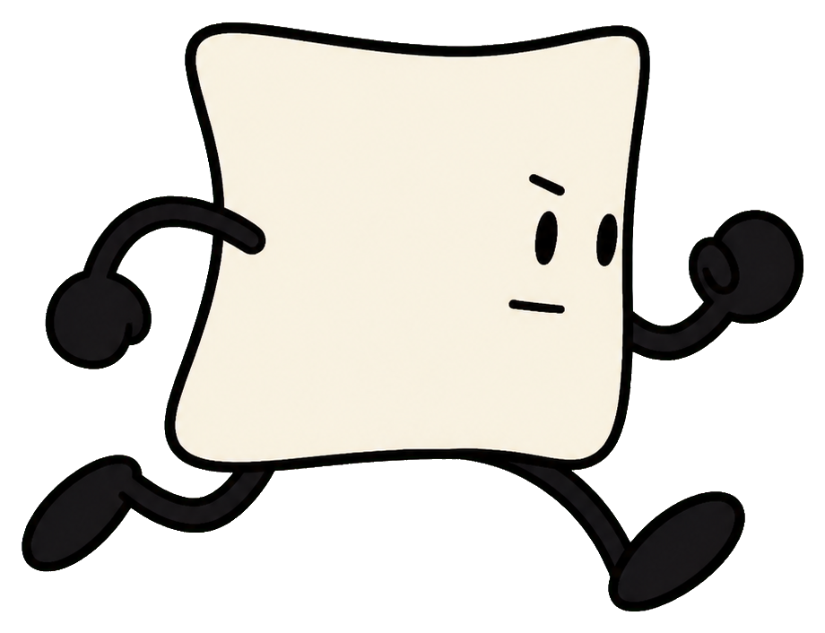 Cream square cartoon character running with a determined expression and black limbs