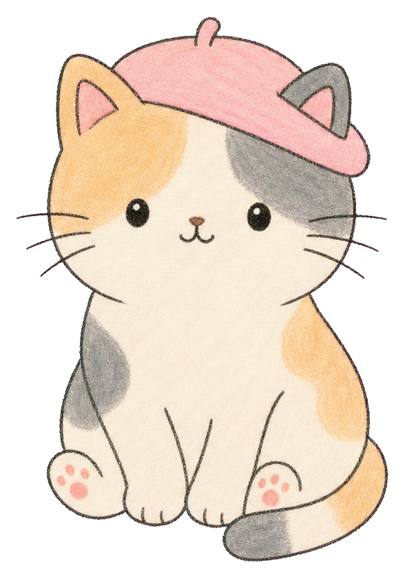 Cute kawaii cat wearing a pink beret and sitting upright.