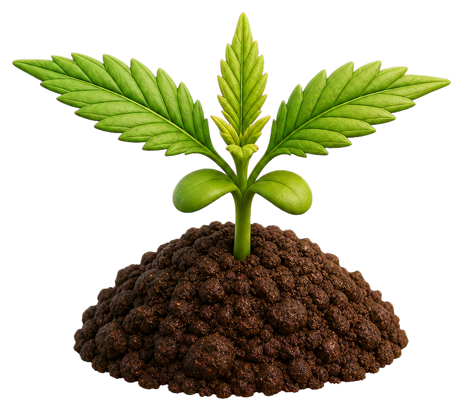 Small green cannabis seedling growing from a mound of soil