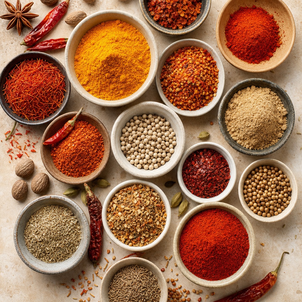Top-down view of bowls filled with colorful spices arranged on a tabletop.
