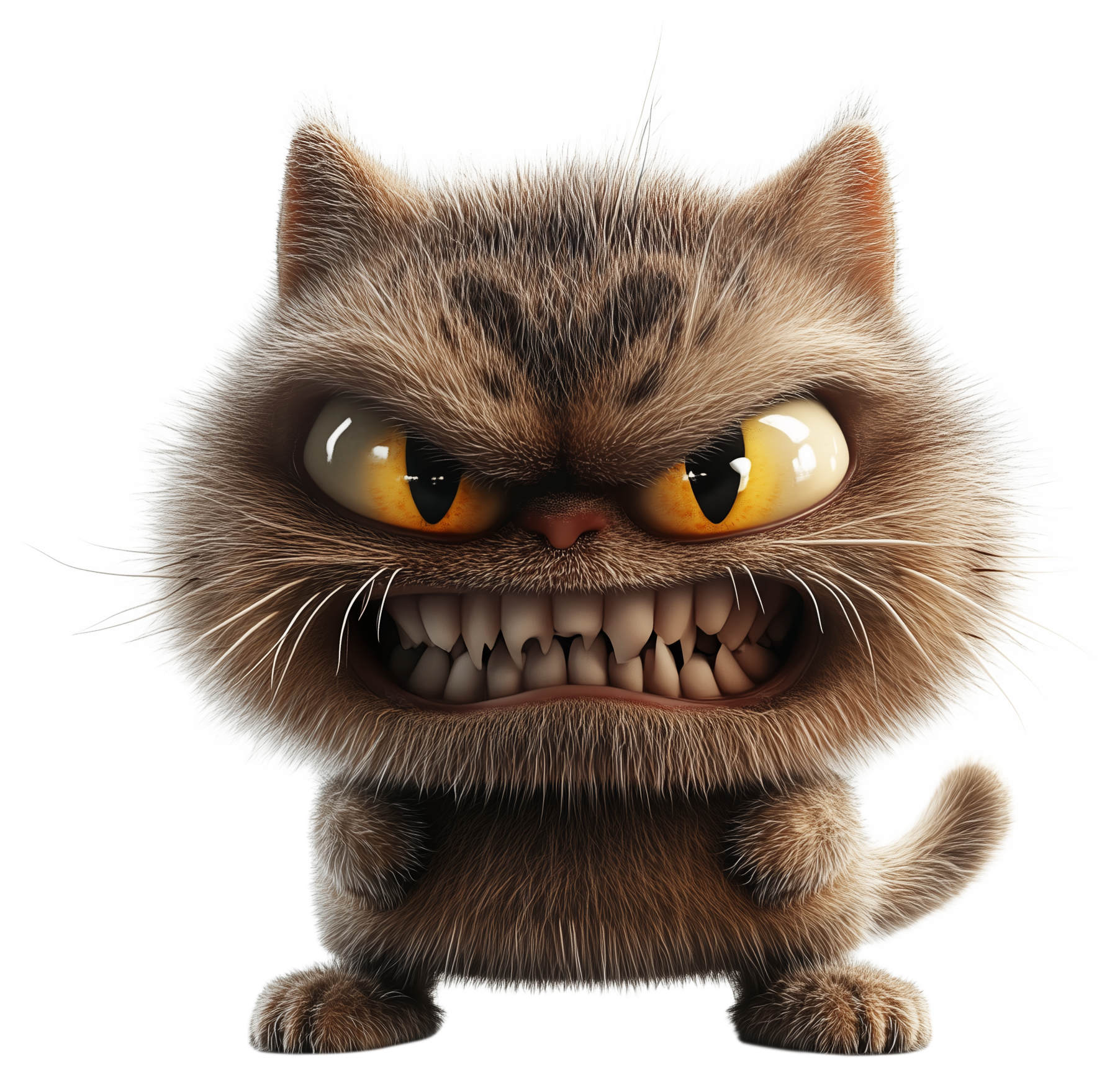 Fuzzy grumpy 3D cat sticker with sharp teeth and yellow eyes