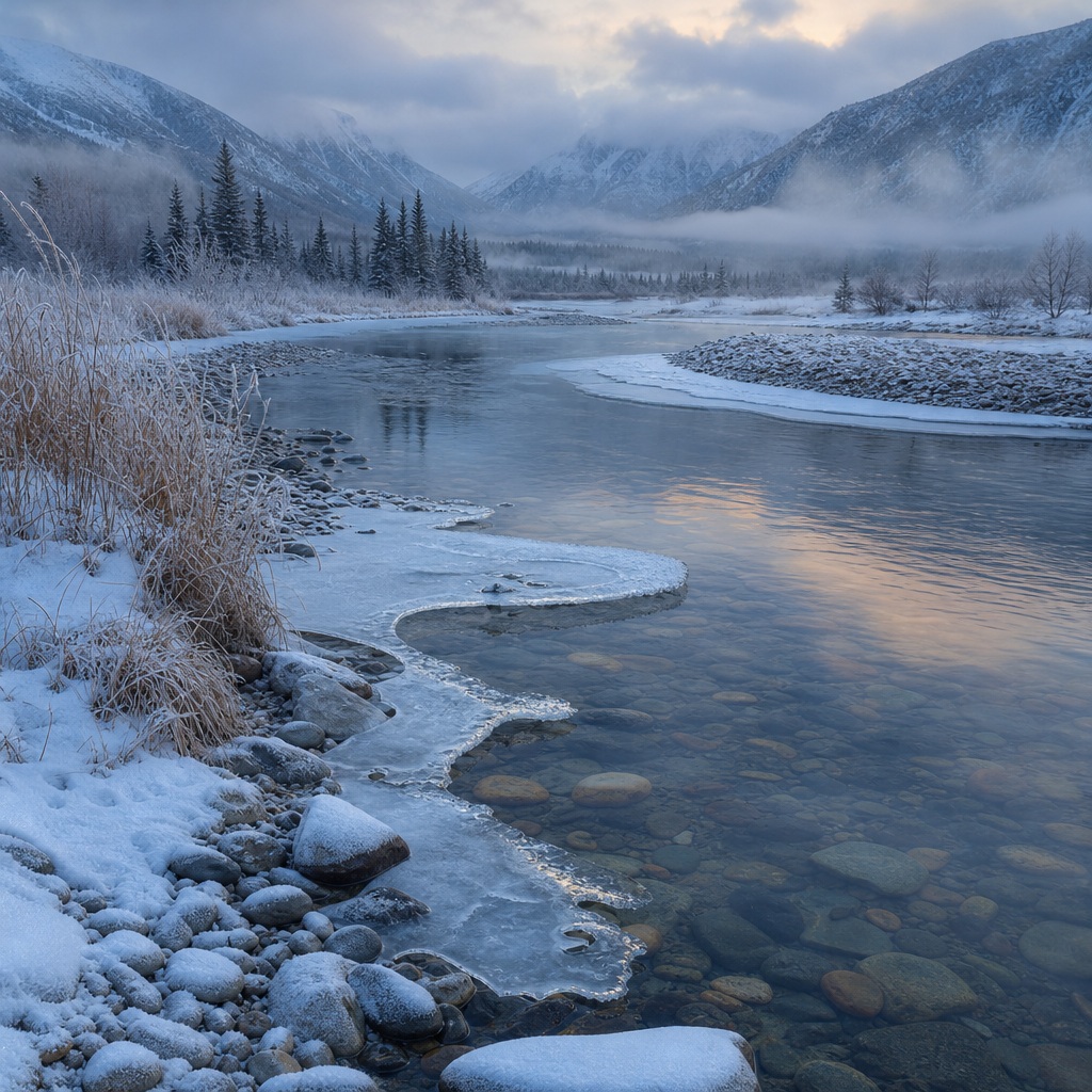 Snowy river valley with a frozen bend, misty mountains, and snow-covered grass