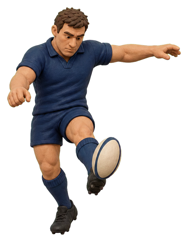 Clay-style rugby player mid-air performing a drop kick.