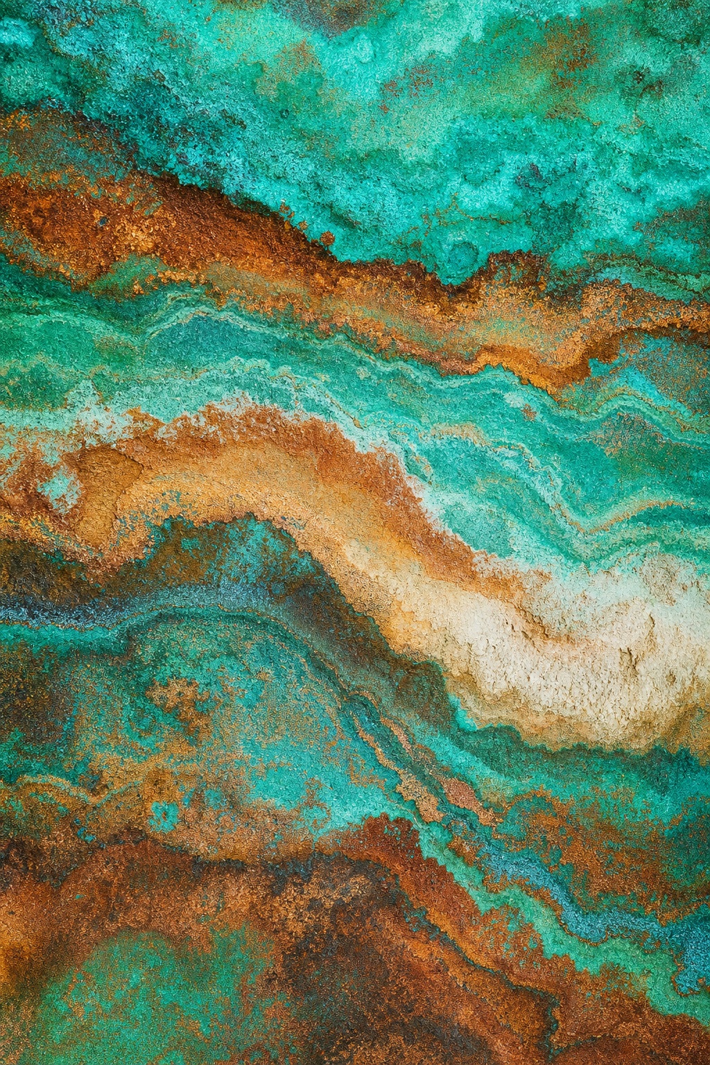 Layered mineral-like texture with turquoise, copper, and cream flowing bands