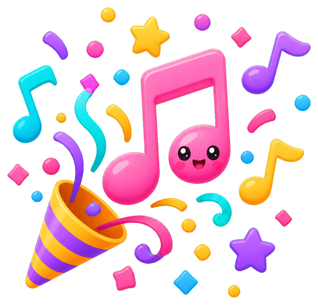 Colorful musical notes, stars, and confetti bursting around a party popper