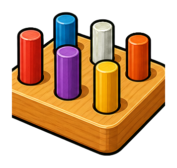 Colorful peg board with five cylindrical pegs on a wooden base