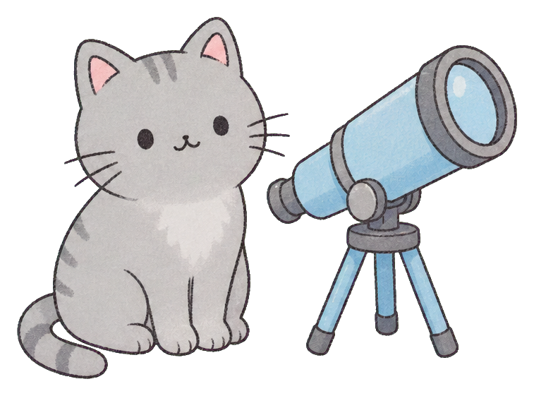 Cute gray kawaii cat sitting beside a telescope on a tripod