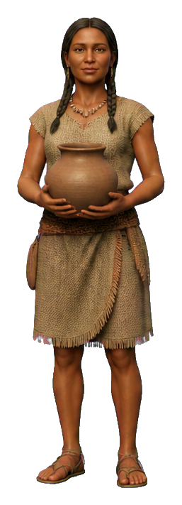 Stylized 3D prehistoric woman holding a clay pot
