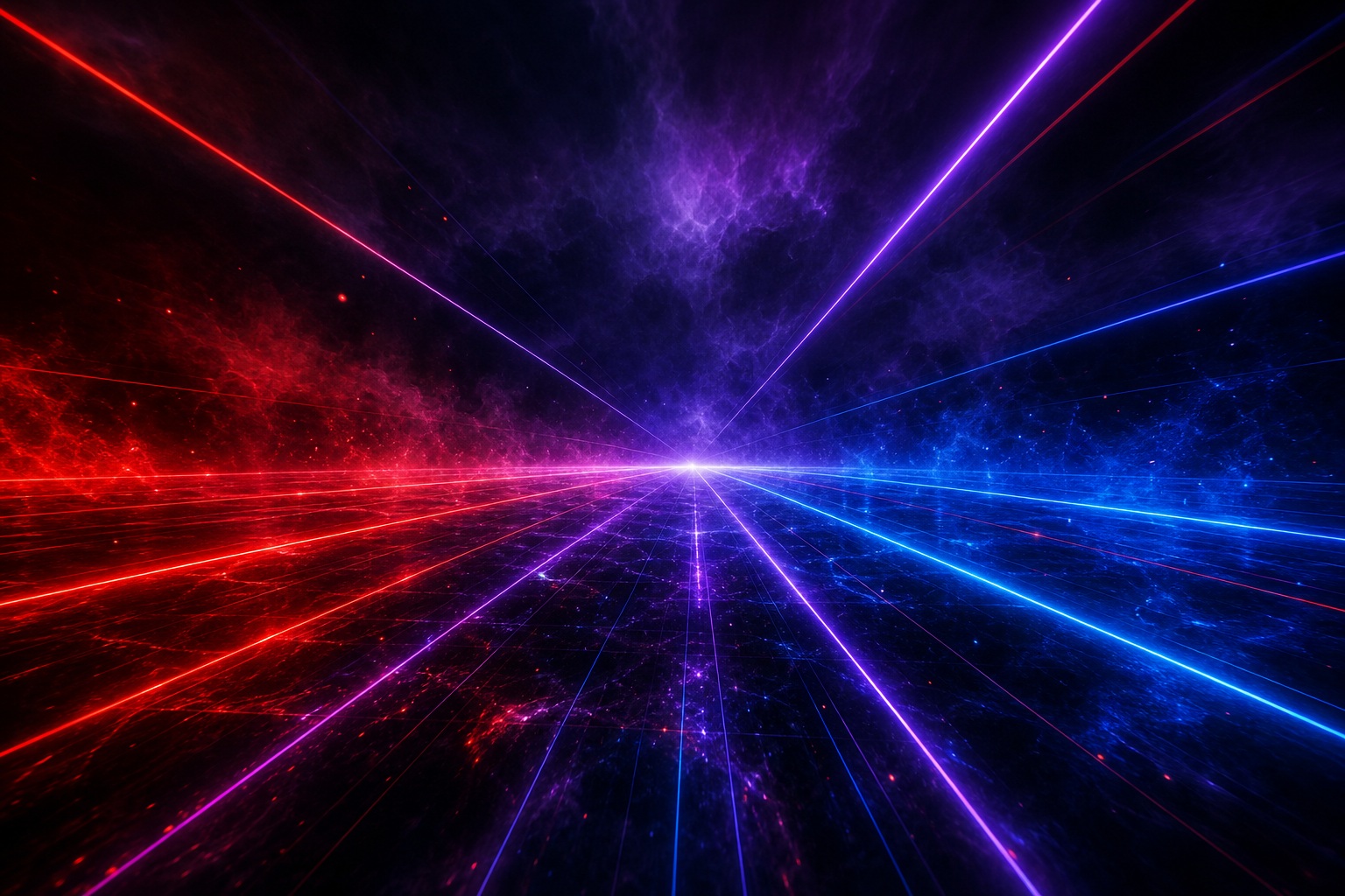 Abstract red and blue laser light lines meeting at a bright glowing center.