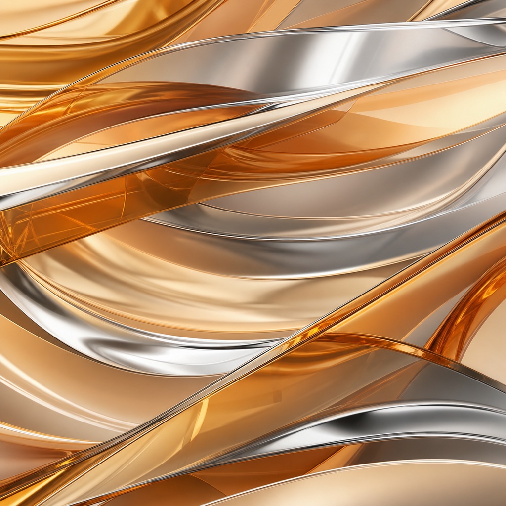 Translucent amber and chrome ribbons flowing across a metallic abstract background