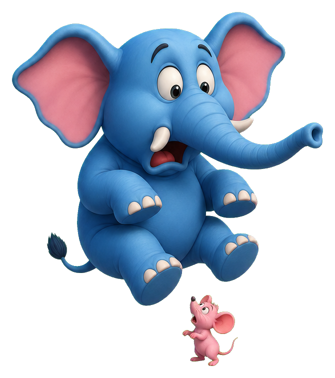 Blue elephant looking afraid above a tiny pink mouse sticker graphic