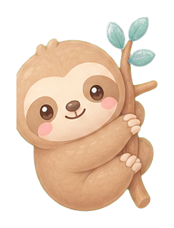 Cute sleepy sloth hanging from a branch with soft round features and rosy cheeks.