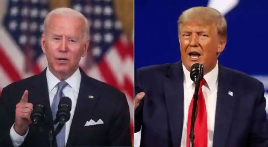Side-by-side images of two US presidential candidates speaking at podiums.