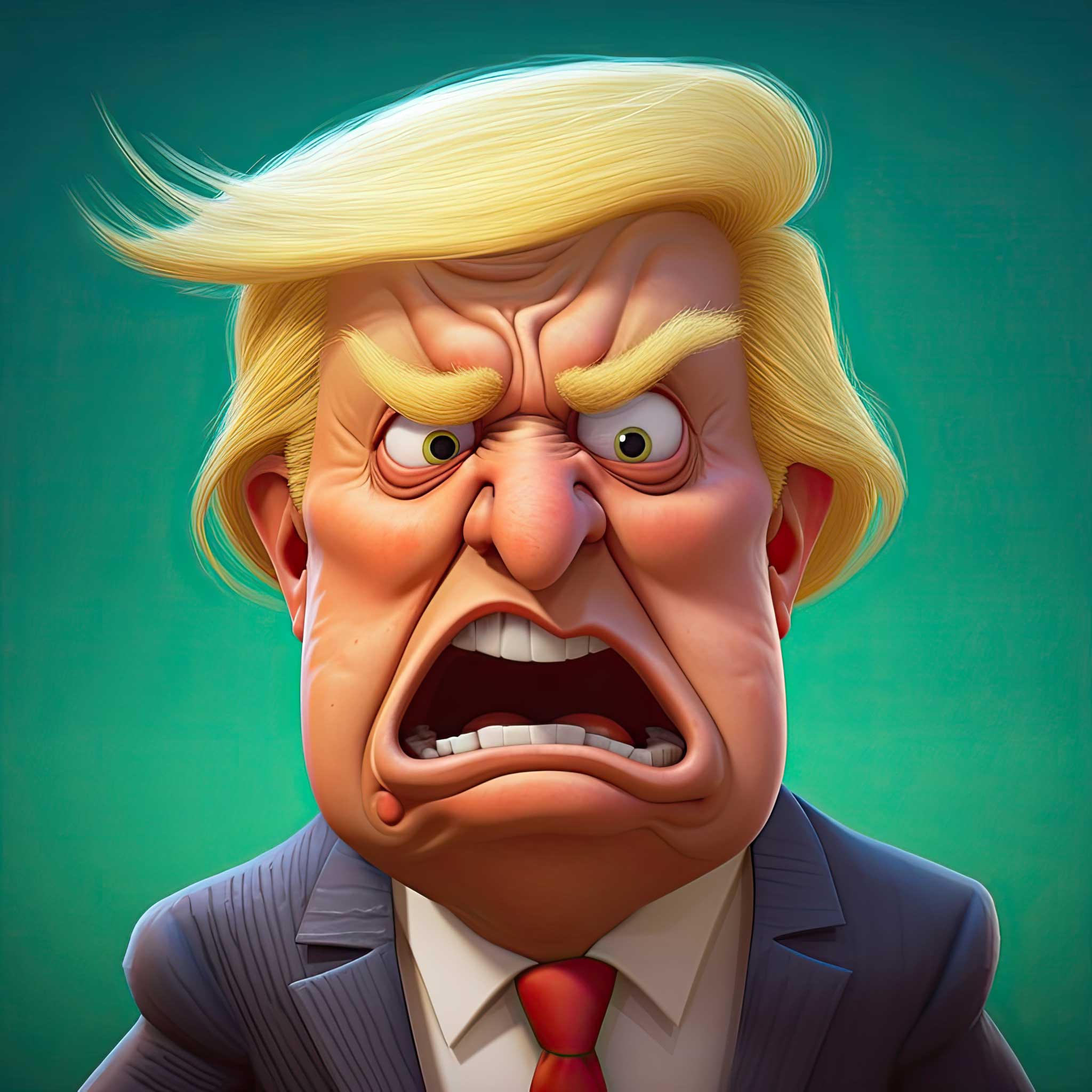Angry cartoon portrait of Donald Trump on a teal background
