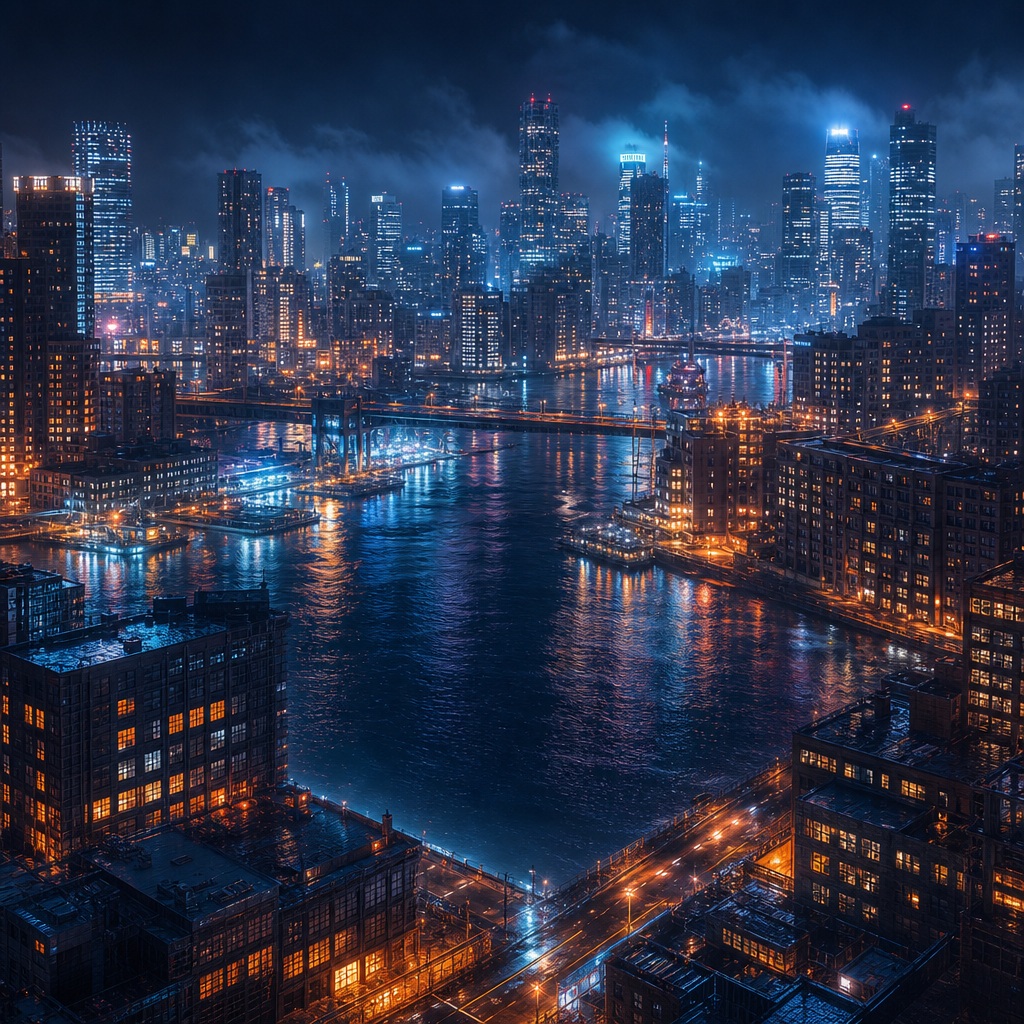 Glowing night harbor cityscape with illuminated buildings and reflections on the water
