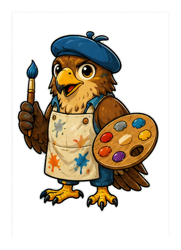 Cartoon hawk wearing a beret and apron, holding a paintbrush and palette.