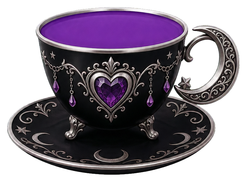 Black teacup with purple heart detail on a matching saucer