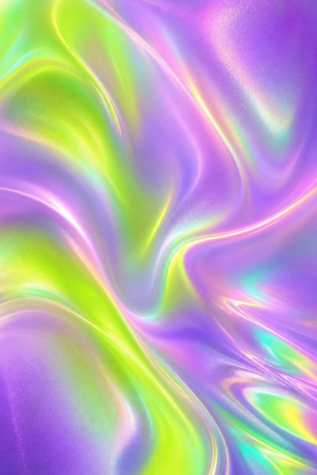 Abstract holographic mesh gradient in lavender, lime, and iridescent pastel swirls