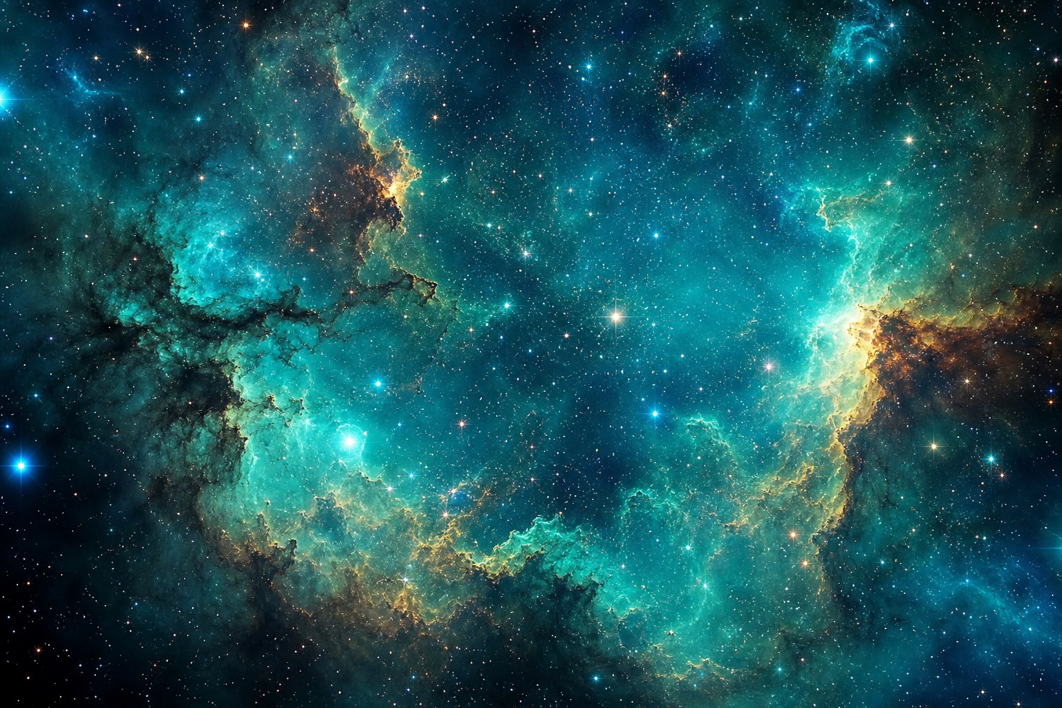 Turquoise deep space nebula with glowing clouds and scattered stars