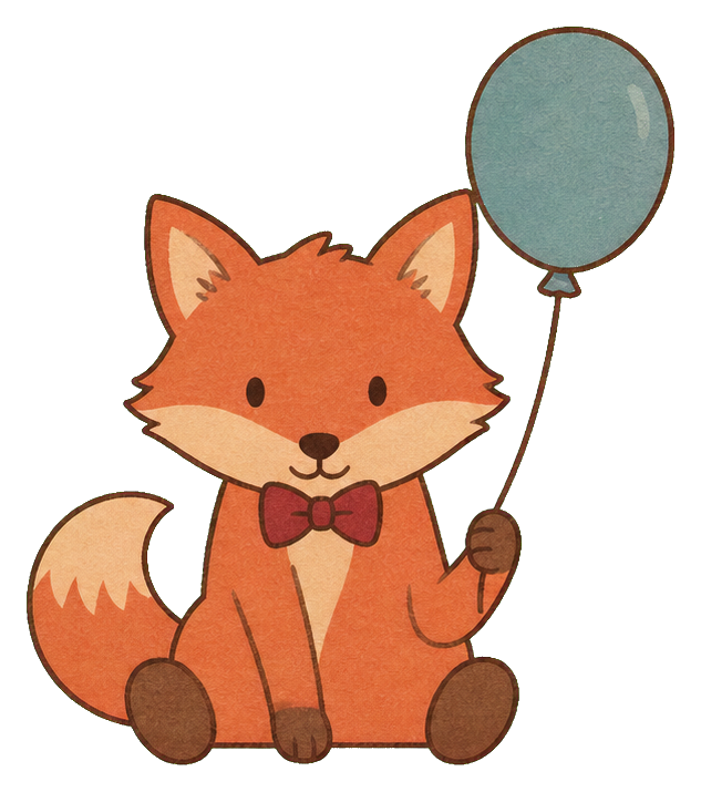 Coral fox sitting with a balloon and wearing a bow tie