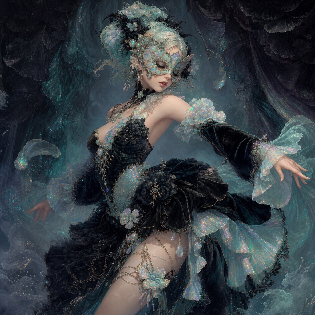 Opal-masked dancer in a dark, ornate pose with flowing gothic costume and glowing blue details.