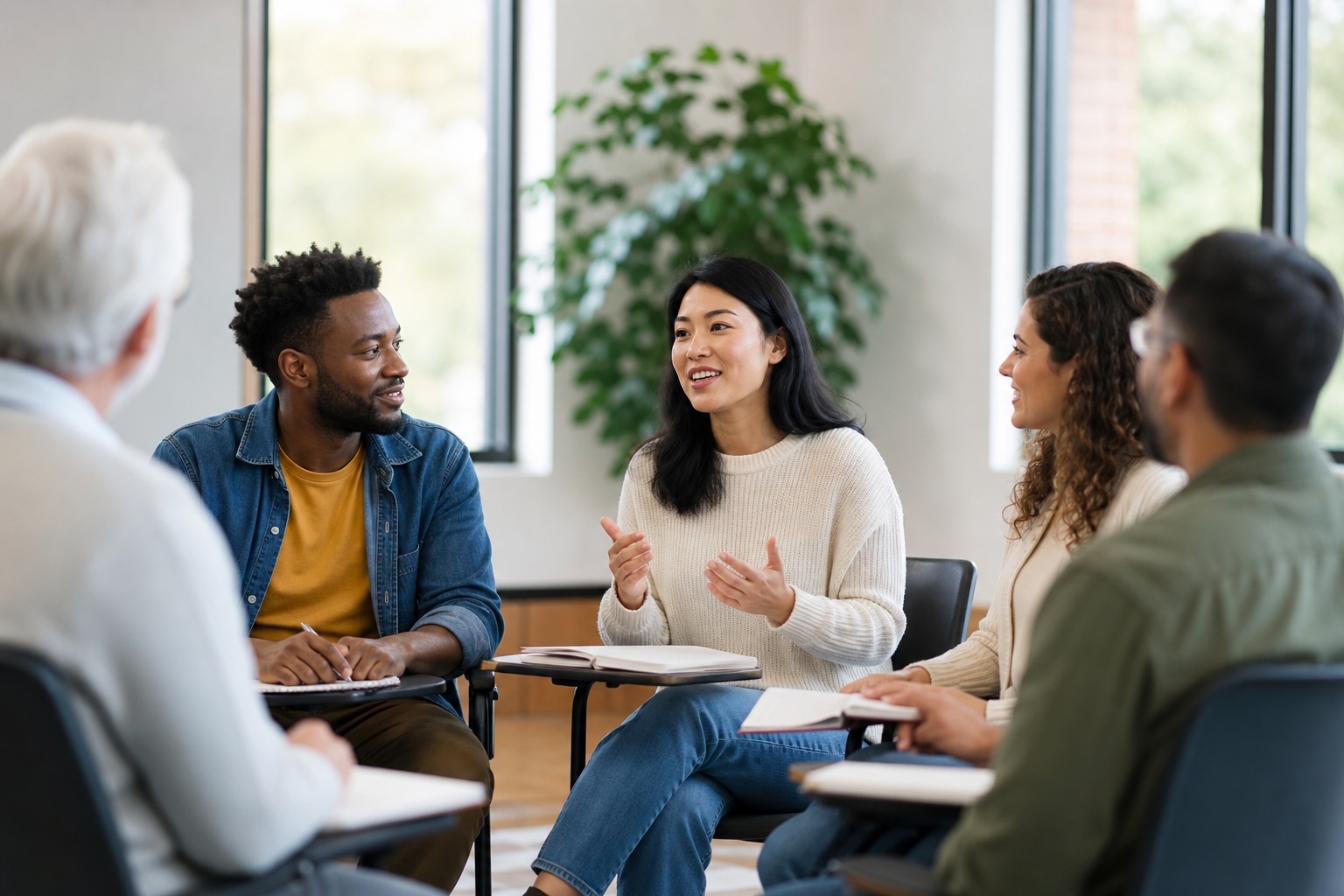 Small group of people talking in a bright classroom workshop setting