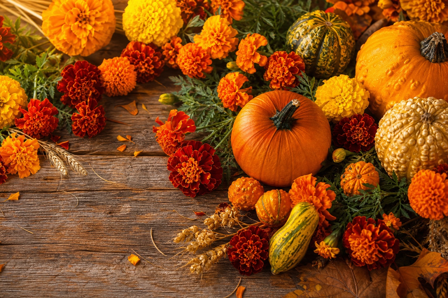 Pumpkins, marigolds, and fall produce arranged on a rustic wooden surface.