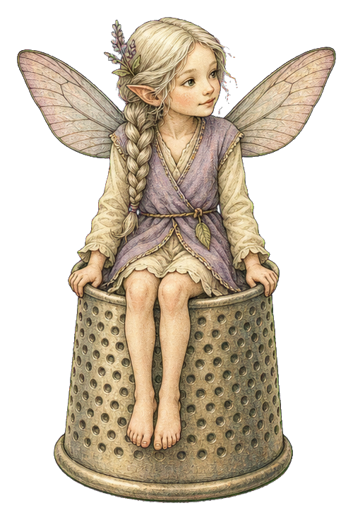 A blonde fairy with wings sitting on a perforated thimble seat.