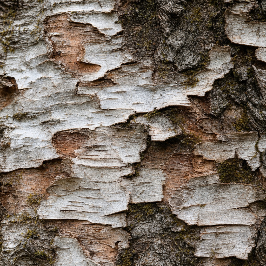 Close-up of layered birch bark with weathered white and brown textures.