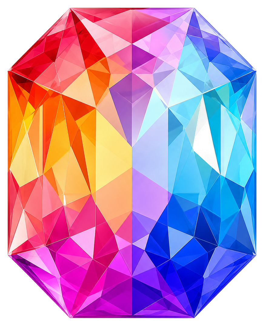Faceted solid rainbow jewel with pink, orange, yellow, blue, and purple panels