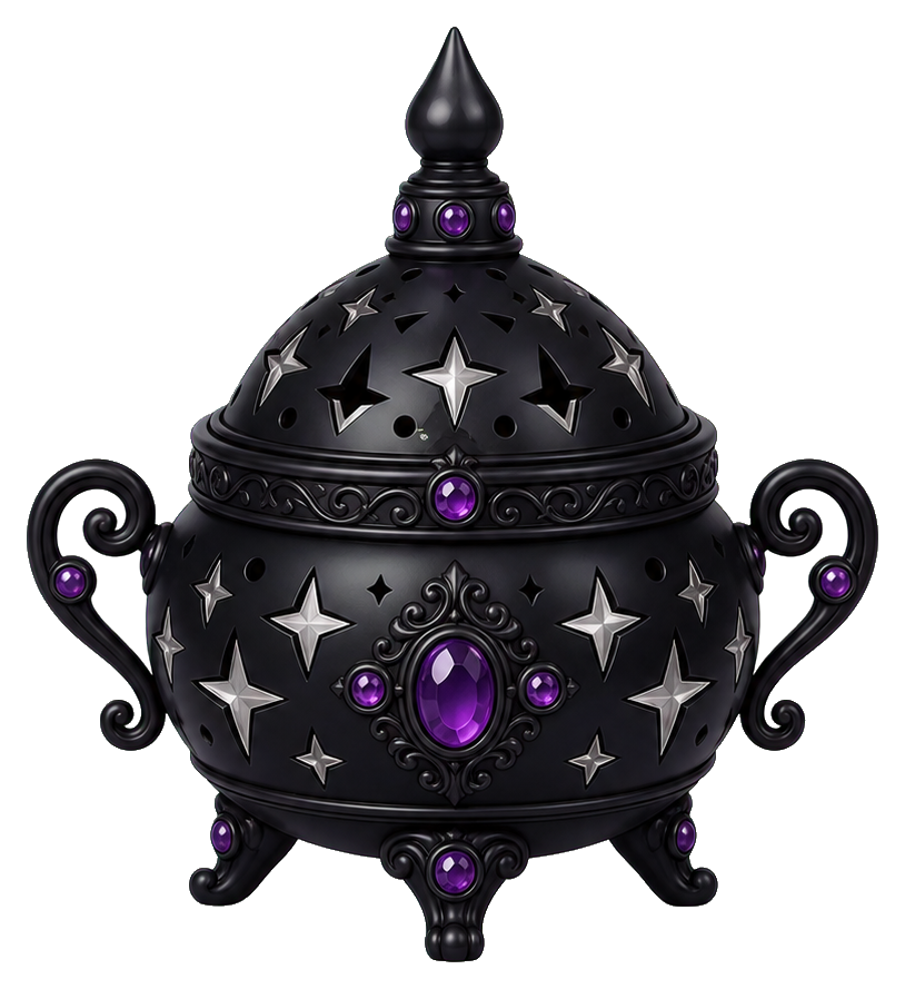 Black gothic incense burner with star cutouts and purple jewel accents