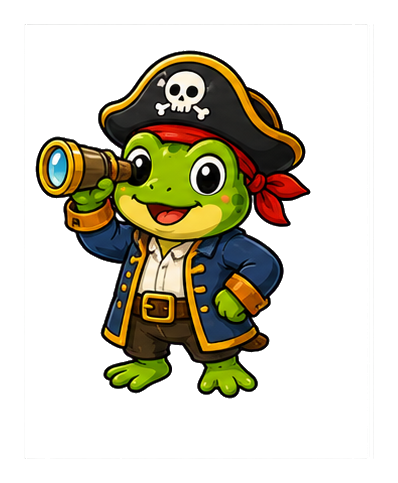 Cartoon frog wearing a pirate hat and holding a telescope.