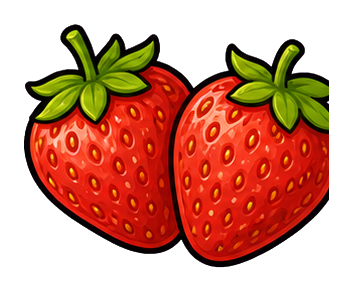 Two red strawberries with green leaves side by side on a dark background