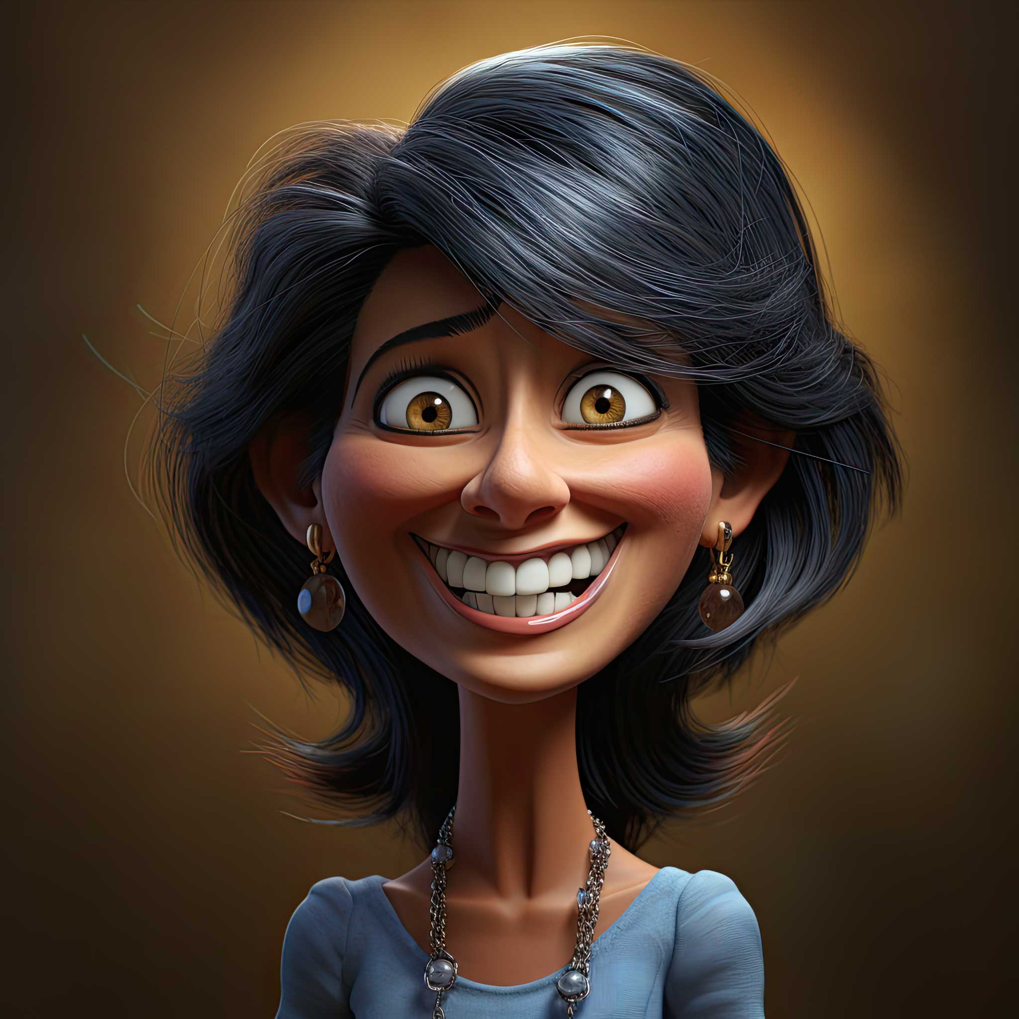 Smiling cartoon woman with dark hair on a dark brown background.