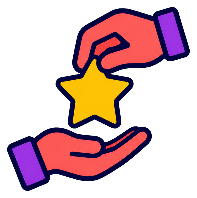 Two hands passing a yellow star between open pink hands
