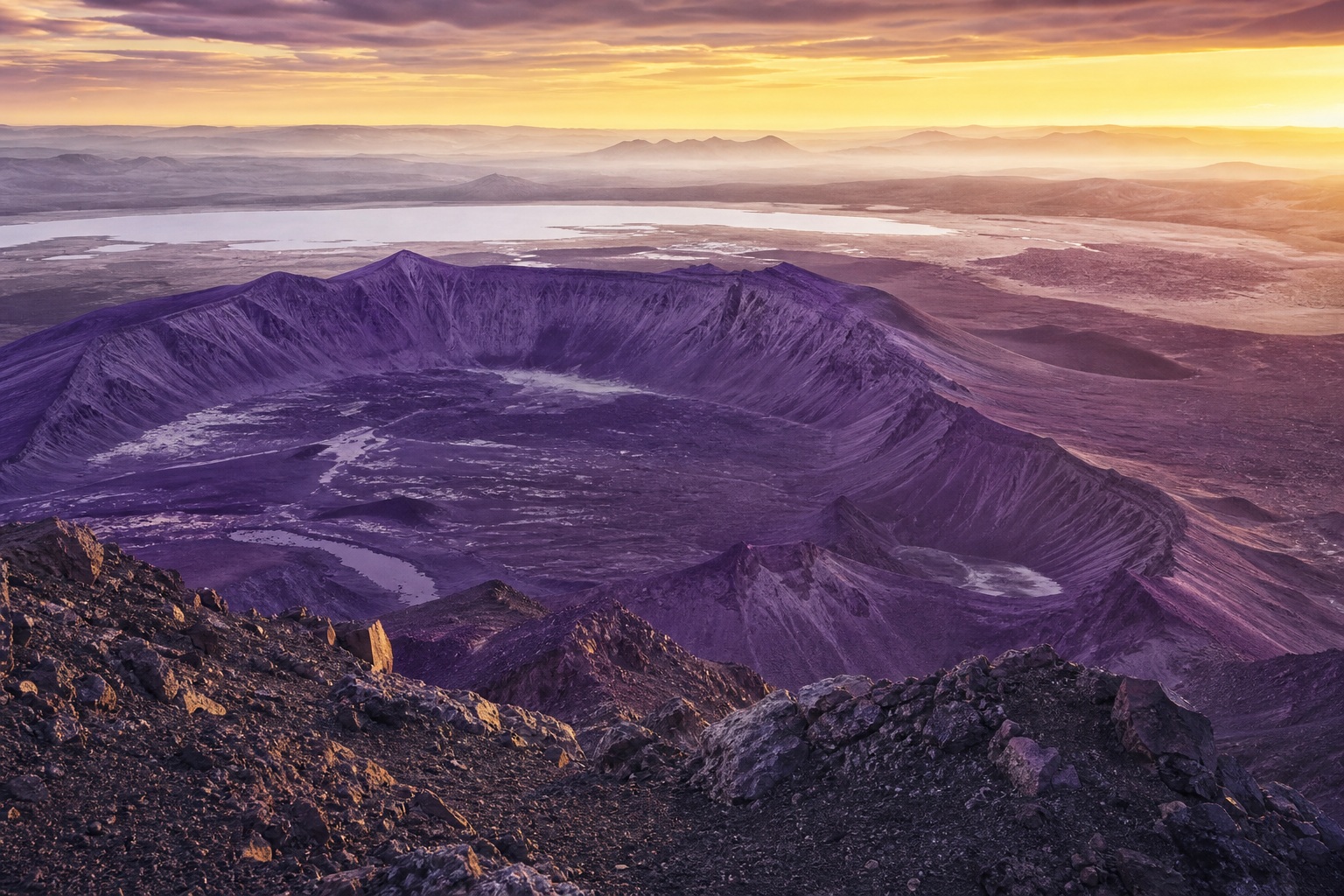 Aerial view of a purple volcanic caldera in a dramatic desert landscape at sunset