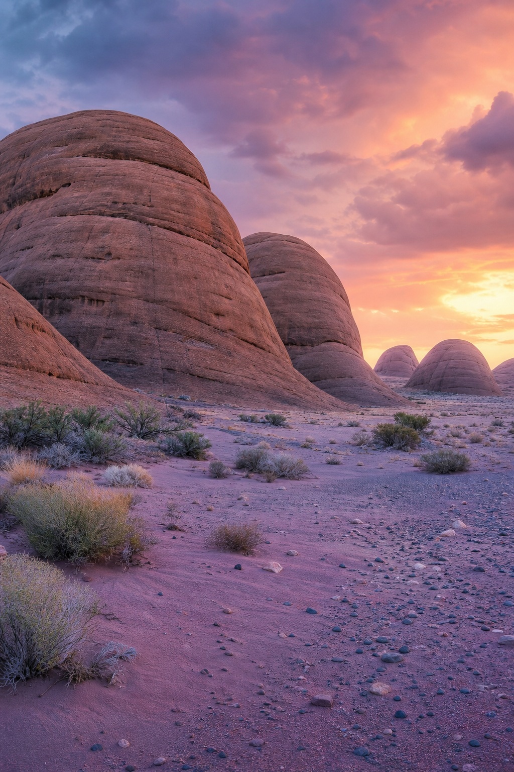 Sandstone domes rising from a rocky desert valley under a colorful sunset sky.
