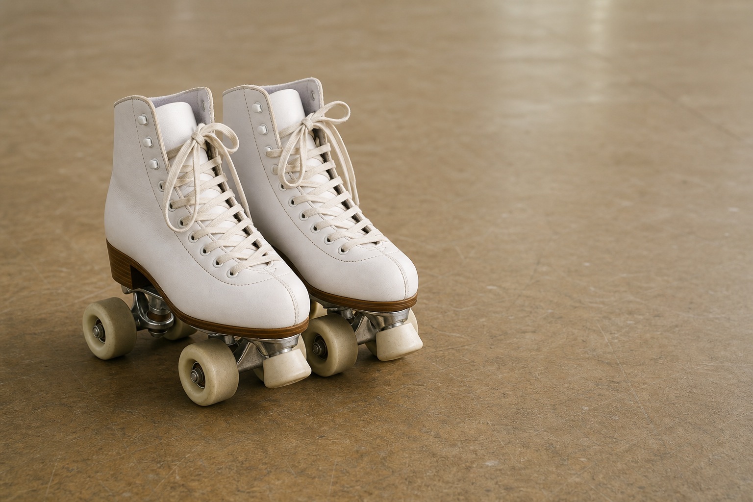 Pair of white quad roller skates resting on a brown surface.
