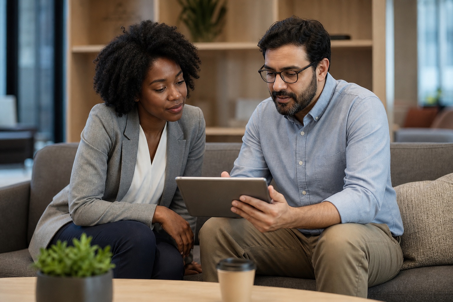 Two coworkers reviewing a tablet together on a couch in a modern office lounge.