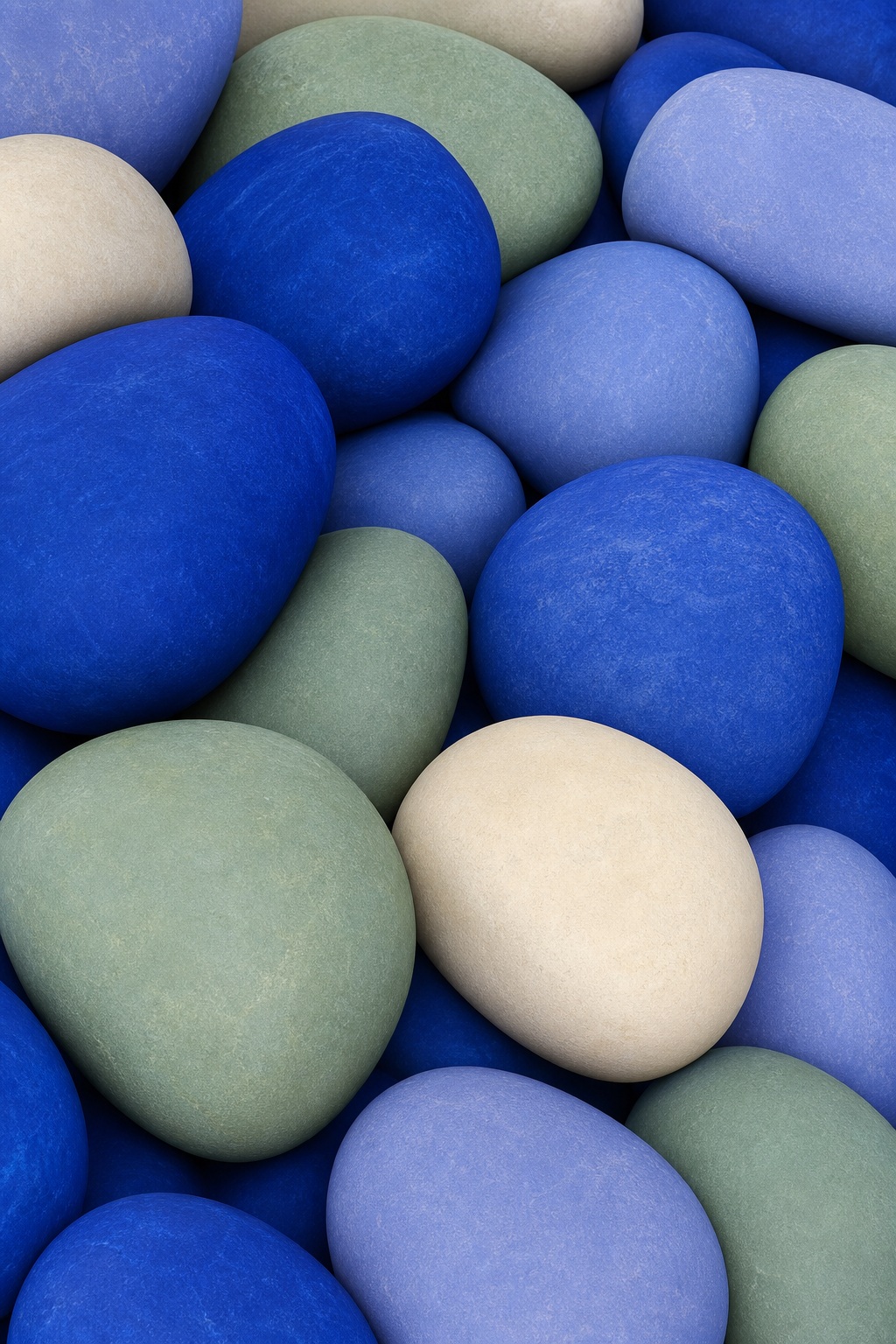 Layered blue, cream, and green rounded stone-like 3D shapes filling the frame