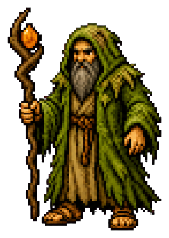 Pixel art druid in a green hooded cloak holding a staff with a glowing orange tip