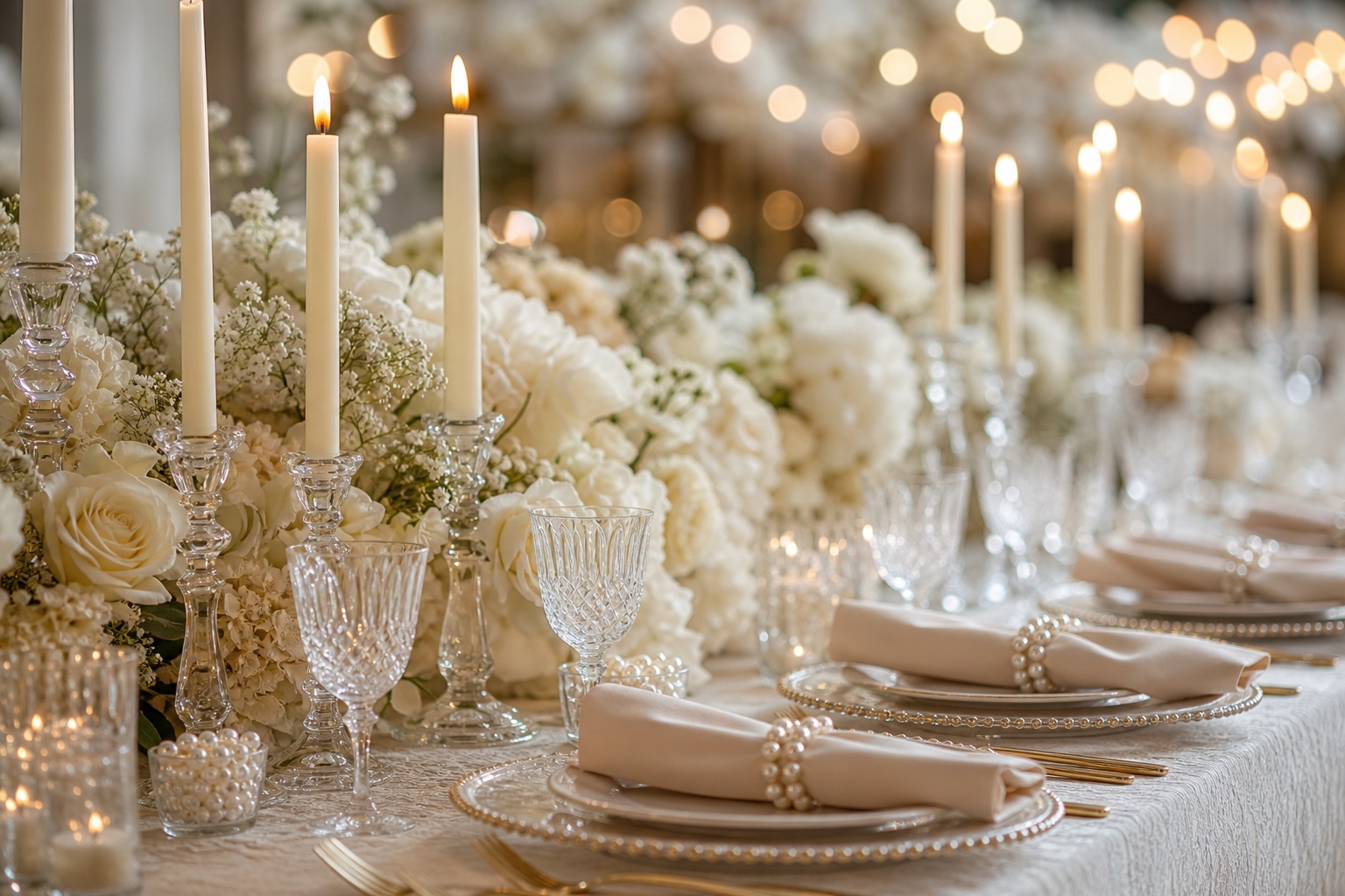 Elegant wedding table with candles, white florals, pearls, and soft lighting