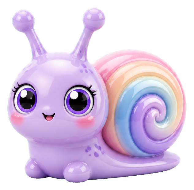 Cute pastel snail with a rainbow swirl shell and glossy purple body
