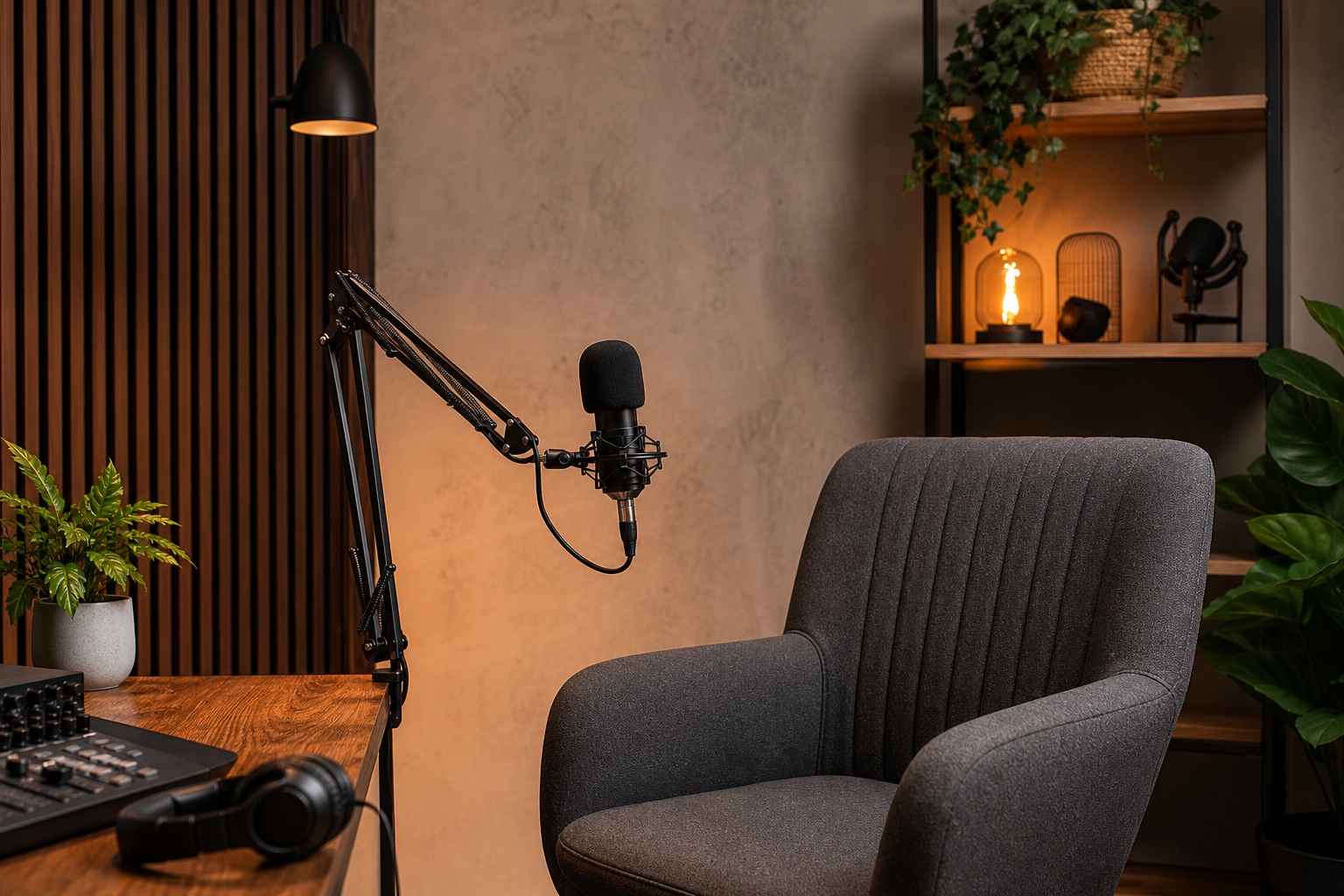 Podcast studio with microphone, chair, desk equipment, and warm ambient lighting