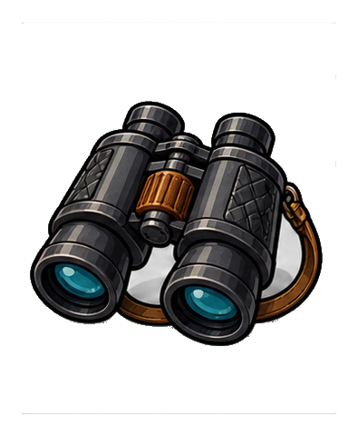 Black binoculars with teal lenses and a tan strap on a transparent background.
